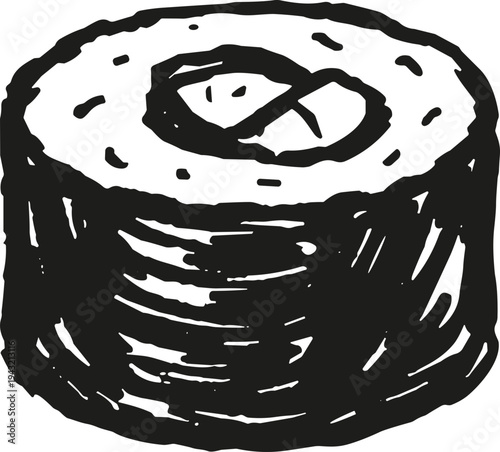 Hand-drawn sketch of a single sushi roll with rice and nori seaweed