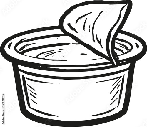 Hand-drawn illustration of a small sauce container with the lid partially peeled back