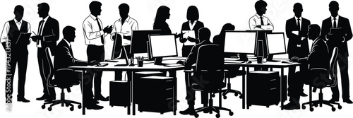 Cad drawing flat vector illustration, busy open office workspace with business people silhouettes working at desks and talking in groups