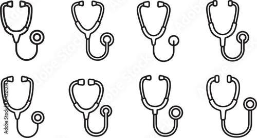 A set of vector stethoscope line art silhouettes in various orientations and positions for medical use