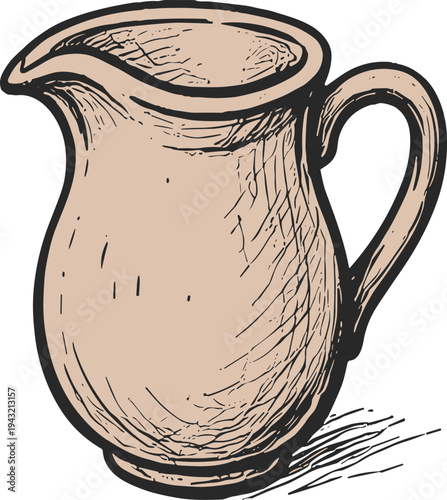 Hand-drawn illustration of a rustic ceramic pitcher with a handle and spout