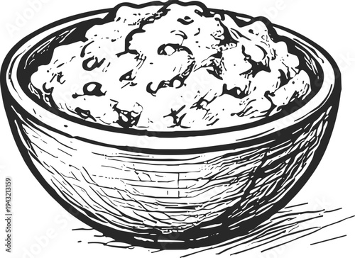 Hand-drawn illustration of a rustic wooden bowl filled with mashed potatoes