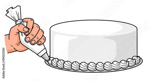 Hand Decorating White Cake with Icing.