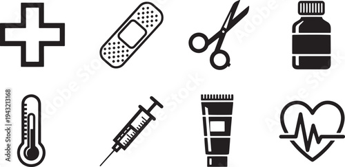A set of vector line art medical icons including a cross, band aid, and heart rate silhouette