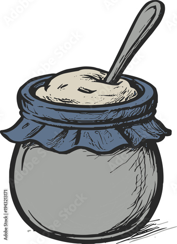 Hand-drawn illustration of a jar of creamy mayonnaise with a spoon inside