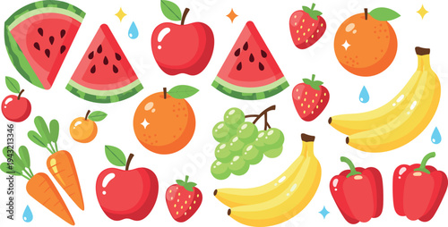 Fresh fruits and vegetables collection with watermelon apple orange banana grape strawberry carrot pepper vector illustration set