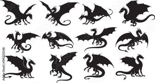 Black silhouette collection of fantasy dragons in various dynamic poses wings spread flying roaring crouching, mythical creatures pack, vector illustration for tattoo gaming fantasy design