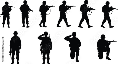 Vector illustration of ten soldier silhouettes in various poses with rifles, saluting, kneeling, standing guard, military personnel action artwork design
