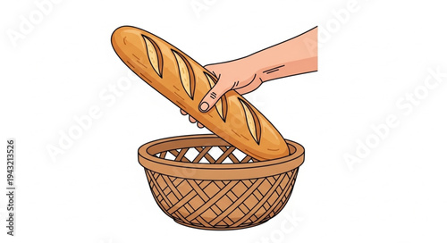 Hand holding fresh bread in basket.