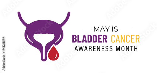 Bladder Cancer Awareness Month medical illustration with purple ribbon and bladder anatomy symbol, designed for healthcare campaigns, educational posters, and awareness materials.