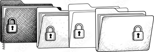 Secure folder icon set with padlock symbols in sketch, outline and textured styles representing data protection, privacy, cybersecurity and file security