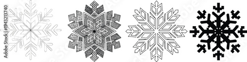 Snowflake icon set in outline, geometric, decorative and solid styles vector illustration for winter design, Christmas decoration and seasonal graphic elements