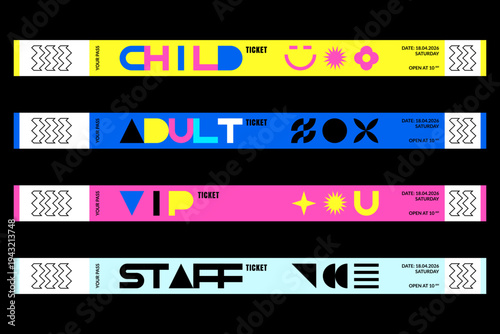 Set of event paper ticket wristband. Child, adult, VIP, staff access admission passes. Vector design template