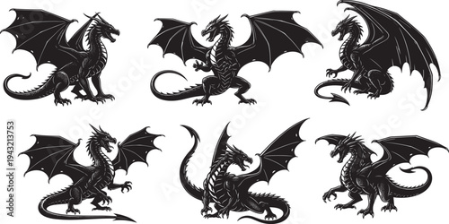 Black silhouette collection of fierce fantasy dragons with spread wings various dynamic poses roaring sitting flying, mythical creatures pack, vector illustration for tattoo game fantasy design