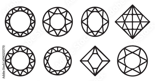 Detailed gemstone line icons with geometric jewelry facets. vector illustration eps 10
