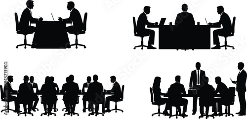 Business people meeting silhouette set with corporate team collaboration office boardroom discussion and professional interview cad drawing flat vector illustration.