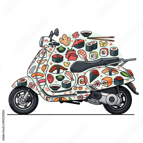 Colorful Vespa Scooter with Food Patterns.