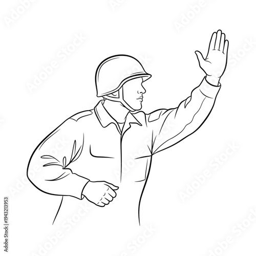 Man in hard hat waving hand gesture.