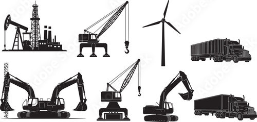 Black silhouette collection of heavy industry icons including oil pumpjack, tower crane, wind turbine, excavators, crawler crane and semi-trucks vector set