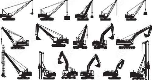 Black silhouette collection of heavy crawler cranes and excavators with booms, hooks, buckets in various poses, construction machinery vector set illustration