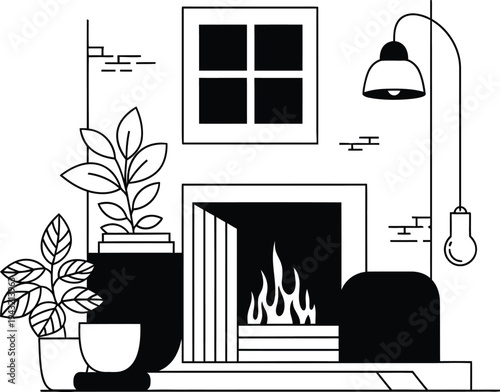 Cozy living room with fireplace, potted plants, and lamp viewed from a comfortable distance in a serene home environment wqe (731)