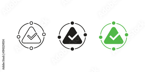 Minimal outline icon showing check mark in triangle with circular arrows process, symbolizing quality assurance, validation workflow, risk management and control systems.