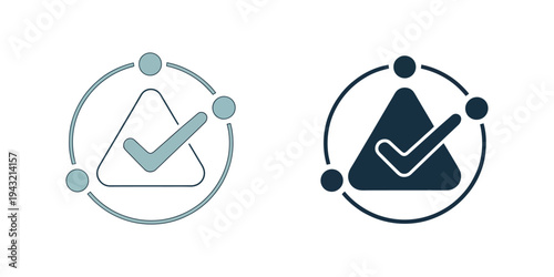 Minimal outline icon showing check mark in triangle with circular arrows process, symbolizing quality assurance, validation workflow, risk management and control systems.