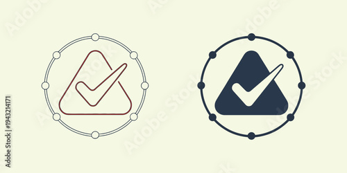 Minimal outline icon showing check mark in triangle with circular arrows process, symbolizing quality assurance, validation workflow, risk management and control systems.