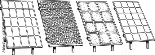 Solar panel energy system line art set showing photovoltaic panels renewable electricity technology eco power vector illustration collection