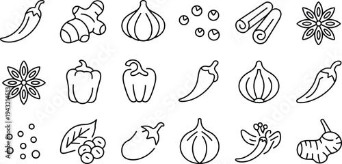 Spices and vegetables outline icon set featuring chili pepper, ginger, garlic, cinnamon, star anise, peppercorn, onion, eggplant vector collection