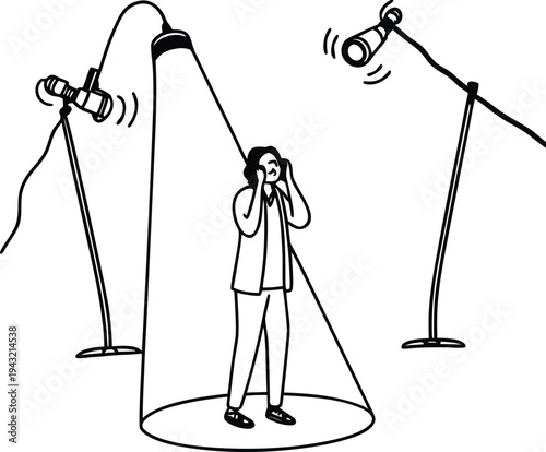 Person Under Spotlight with Microphones and Studio Lighting Illustration