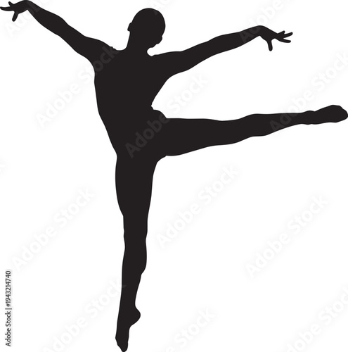 Black silhouette of a graceful female ballet dancer or rhythmic gymnast performing an elegant athletic pose, artistic movement and professional dance figure isolated on white