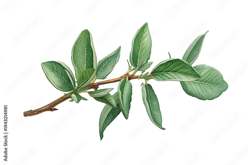 Fototapeta premium Green plant branch with fresh leaves, watercolor botanical illustration, natural organic foliage element, transparent background