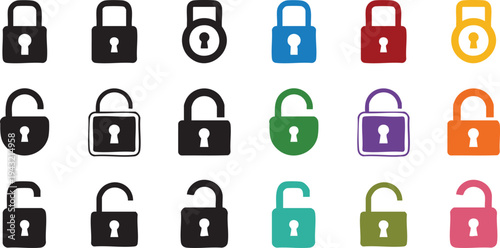 Colorful padlock icons set in various styles and colors for security and protection concepts