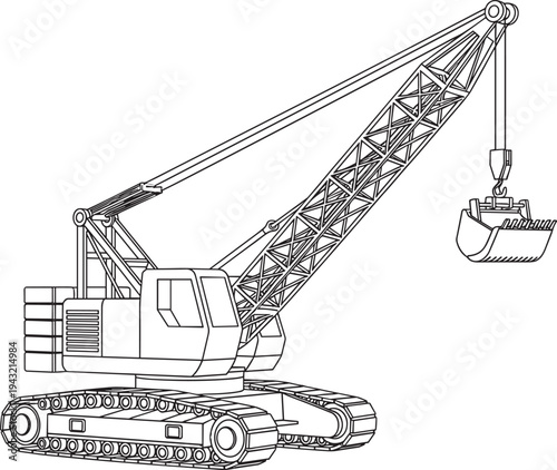 Black silhouette of crawler crane excavator with long telescopic boom, lifting hook and clamshell bucket, heavy construction lifting machinery vector illustration
