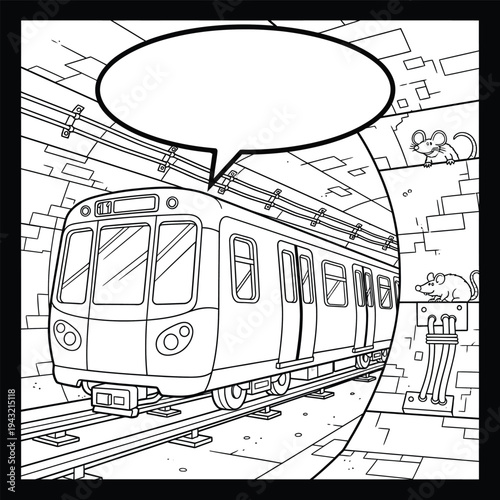 Train arrives at underground station with rodents, illustration, wqe reference