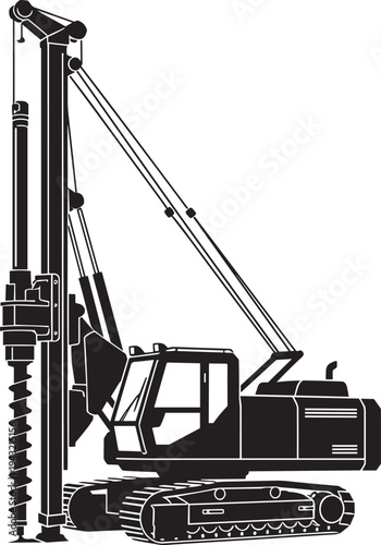 Black silhouette of crawler mounted pile driver rig with auger drill and crane arm, heavy foundation boring equipment on tracks vector illustration