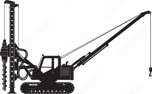 Black silhouette of crawler drill rig with crane boom and hook, combined auger piling machine and lifting equipment, heavy construction vector illustration