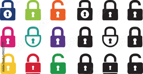 Multicolored padlock icons set for security and privacy concepts in various colors and styles