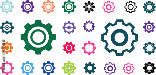 Colorful gear icons set for industrial and technology concepts with various mechanical symbols