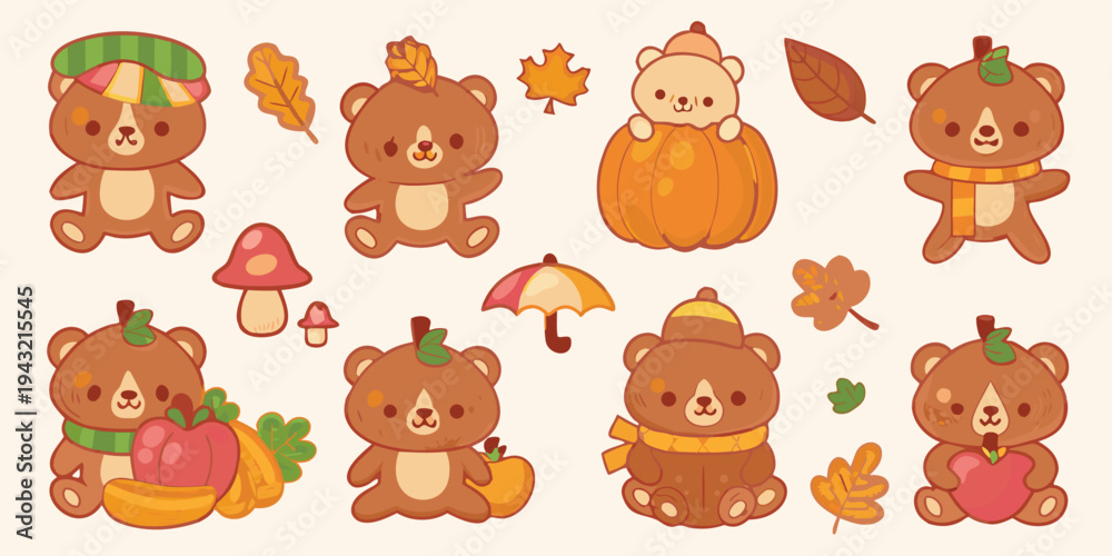 Fototapeta premium Cute cartoon bears and autumn elements create a whimsical fall scene