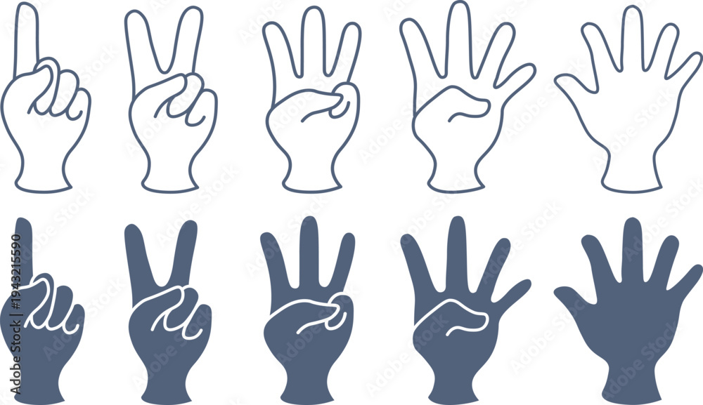 Fototapeta premium 1から5までの数字を手で表したアイコンセット