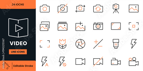 Video and Photography Editable Line Icons Set