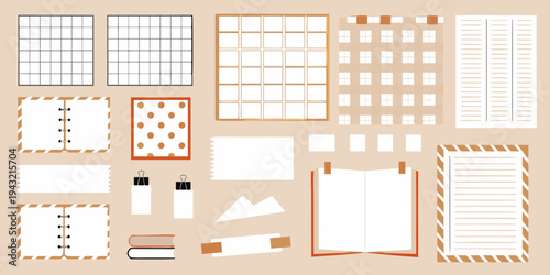 Collection of stationery items arranged on a neutral beige background
