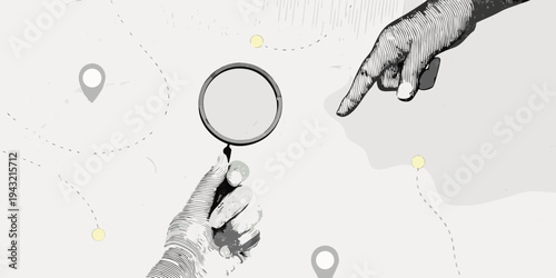 A hand points towards a face viewed through a handheld magnifying glass