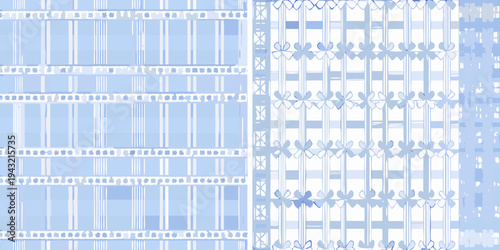 Abstract light blue pattern with stripes squares and floral motifs