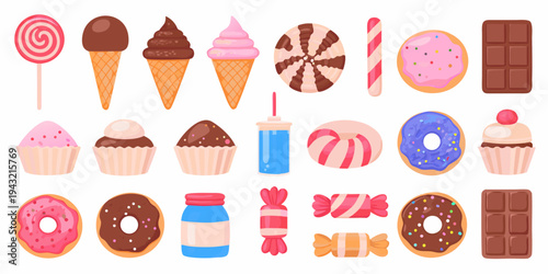 Colorful assortment of various sweets and desserts displayed in a row