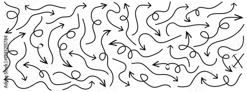 Various black brush drawn curved arrows. Collection doodle marker thick arrows in different directions.,Black pencil arrow, Grunge rough direction shape for design. Vector brush strokes