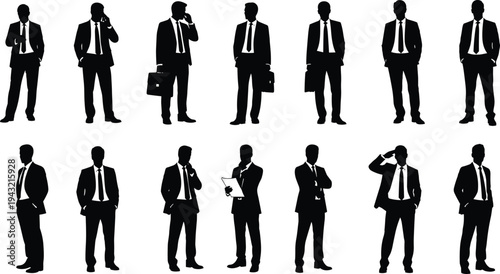 Collection of professional businessman silhouettes in various standing poses with suits and briefcases isolated on white background for corporate design projects