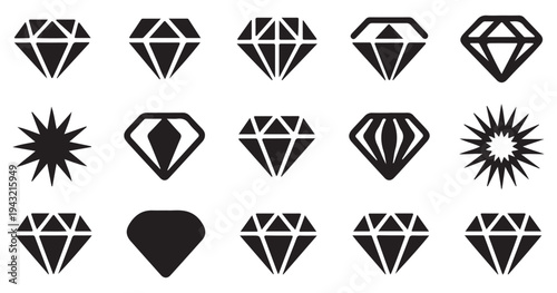 Diamond icon set with various gem shapes and silhouettes. vector illustration eps 10